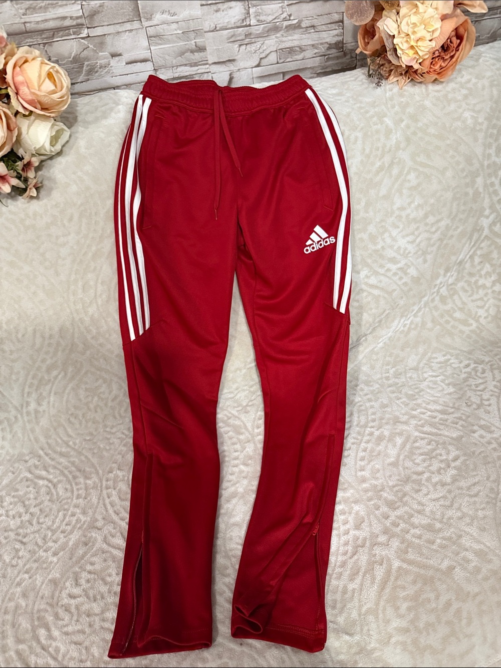 adidas Red Kids Track Pants with White Three Stripes